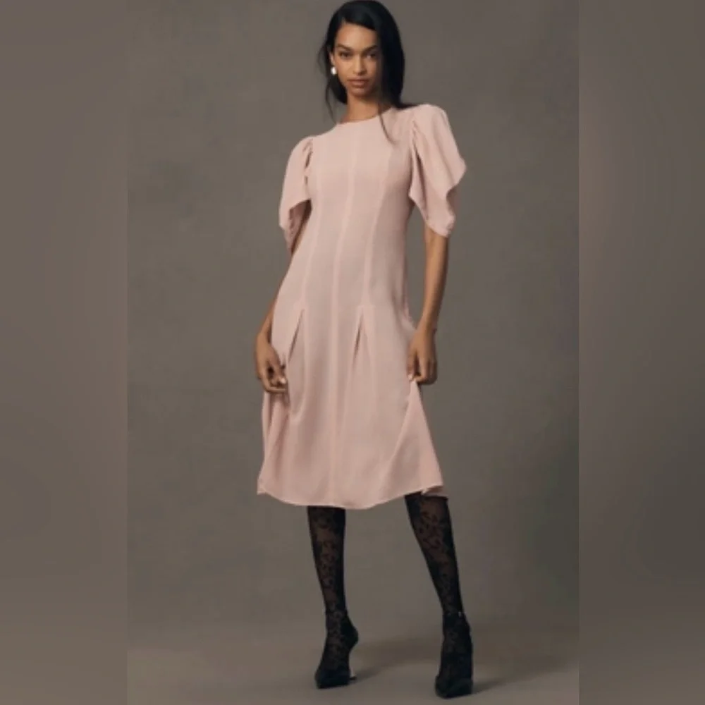 Anthropologie Pale Pink Puff-Sleeve Midi Dress - Picture 1 of 5